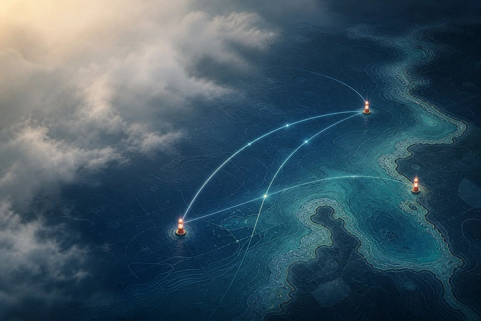 海洋等深线、云雾和三条发光航线连接状态浮标的导航图